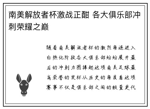 南美解放者杯激战正酣 各大俱乐部冲刺荣耀之巅