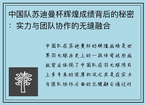中国队苏迪曼杯辉煌成绩背后的秘密：实力与团队协作的无缝融合