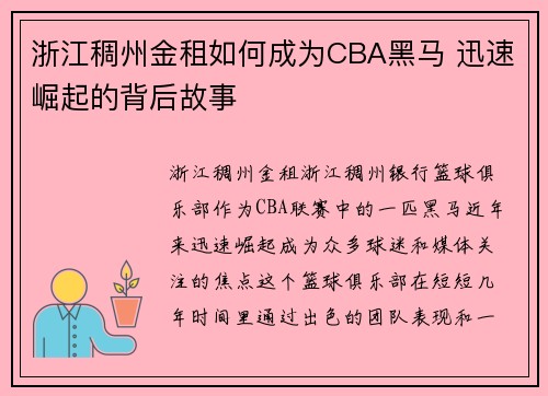 浙江稠州金租如何成为CBA黑马 迅速崛起的背后故事