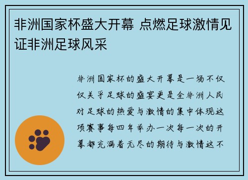 非洲国家杯盛大开幕 点燃足球激情见证非洲足球风采