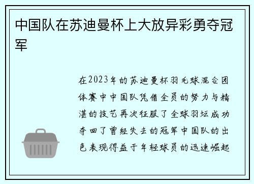 中国队在苏迪曼杯上大放异彩勇夺冠军
