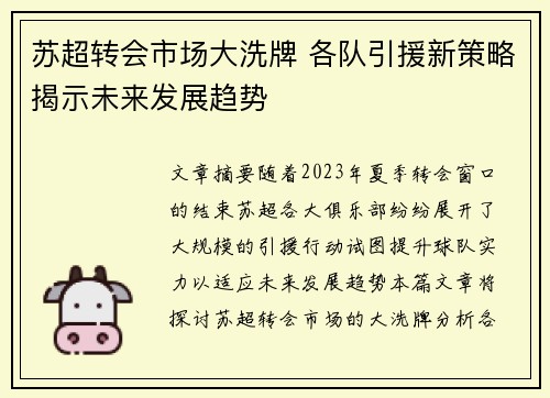 苏超转会市场大洗牌 各队引援新策略揭示未来发展趋势